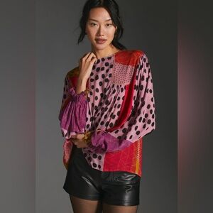 Anthropologie Bl-nk Miranda Peasant Blouse XS patchwork colorful long sleeve